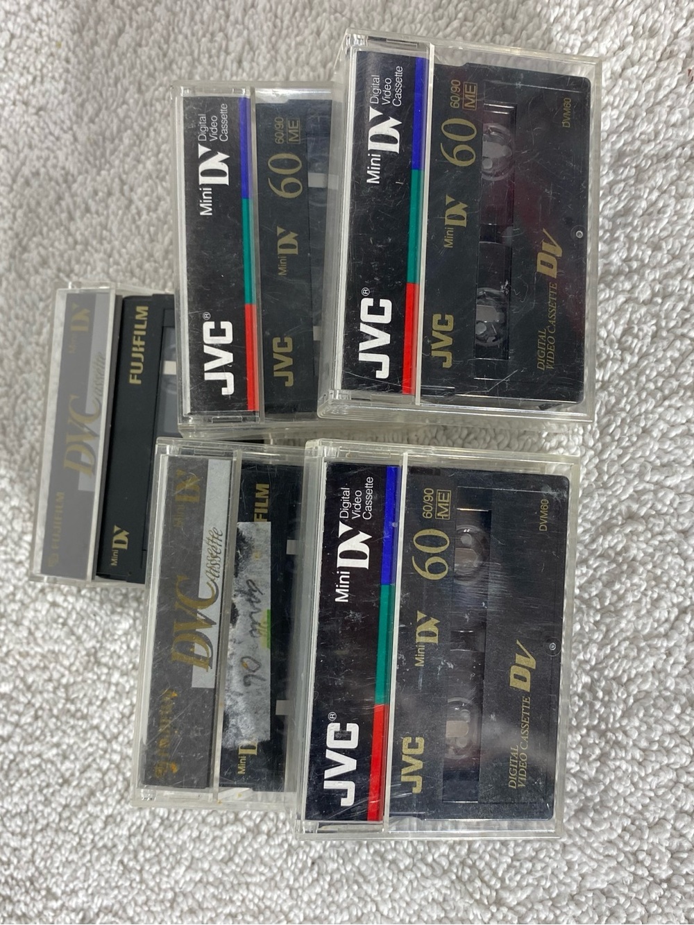 5/$35 Vintage Mixed MiniDV Tapes 4x JVC 60 1x Fujifilm 60 Erasable Used Media